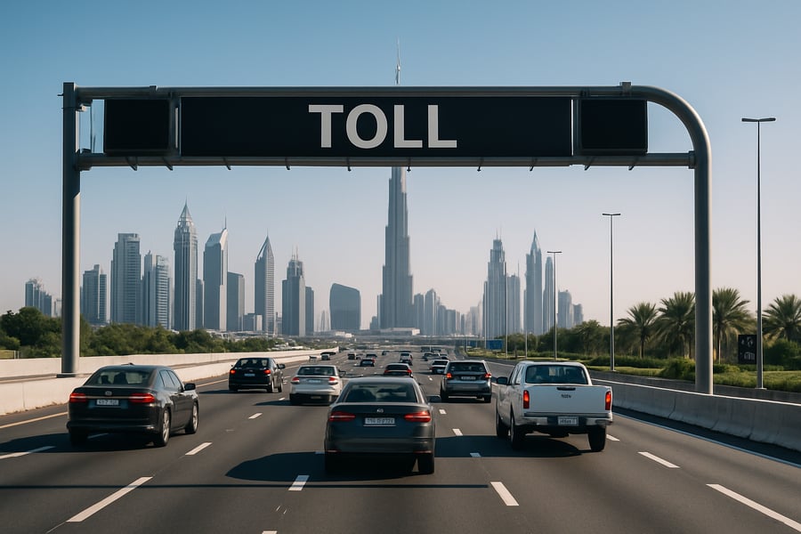 Dubai highway with electronic toll gate Dubai highway with electronic toll gate