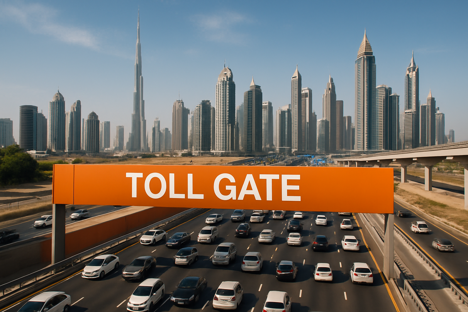 Dubai skyline with a busy paid highway and toll gate