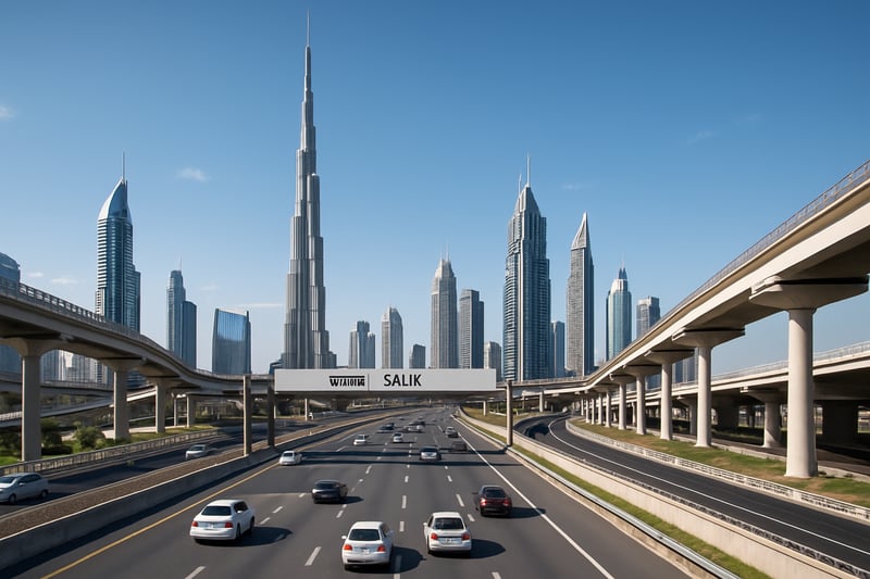 Modern Dubai skyline with toll road and advanced transport infrastructure Modern Dubai skyline with toll road and advanced transport infrastructure