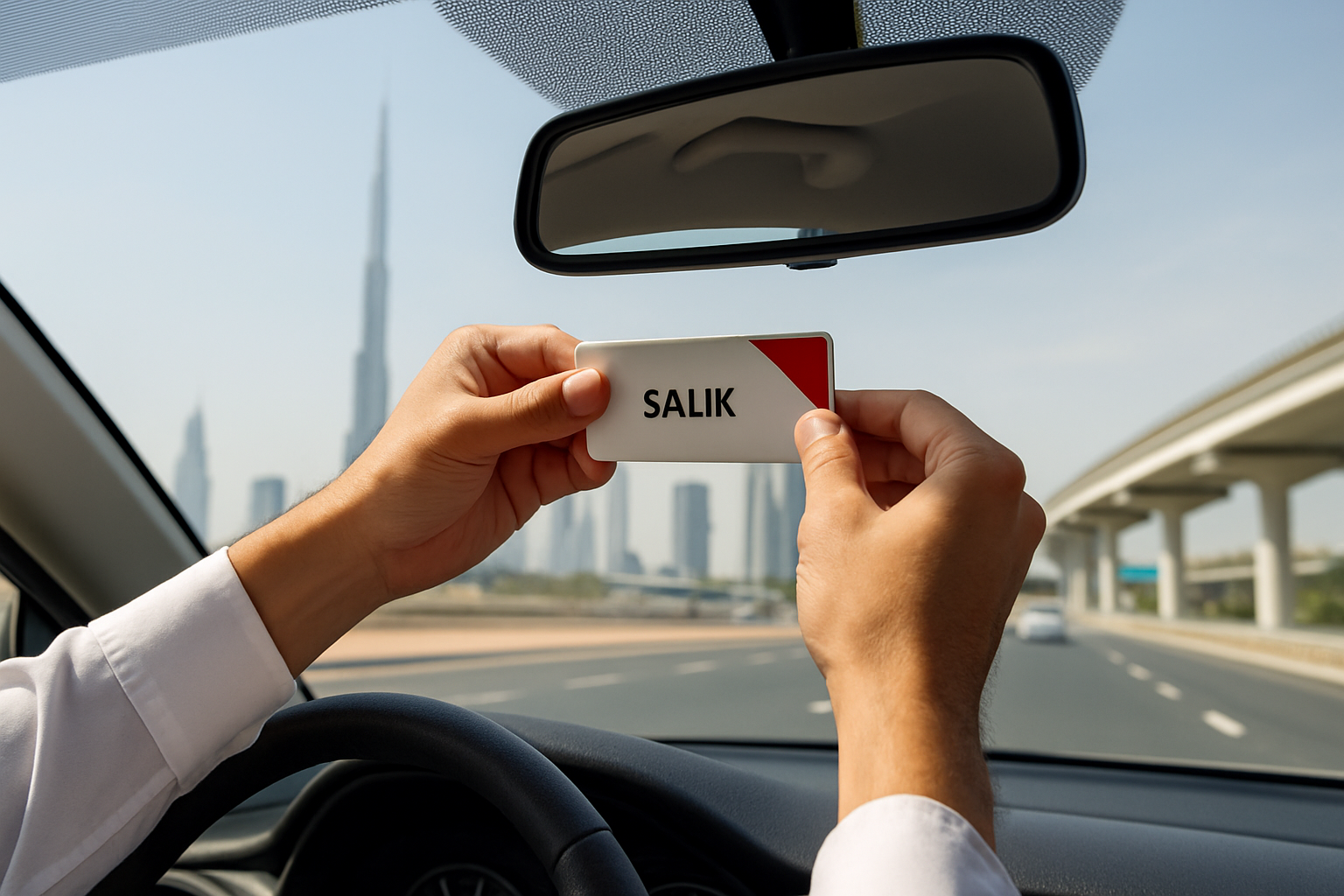 Salik tag installation on a car windshield in Dubai